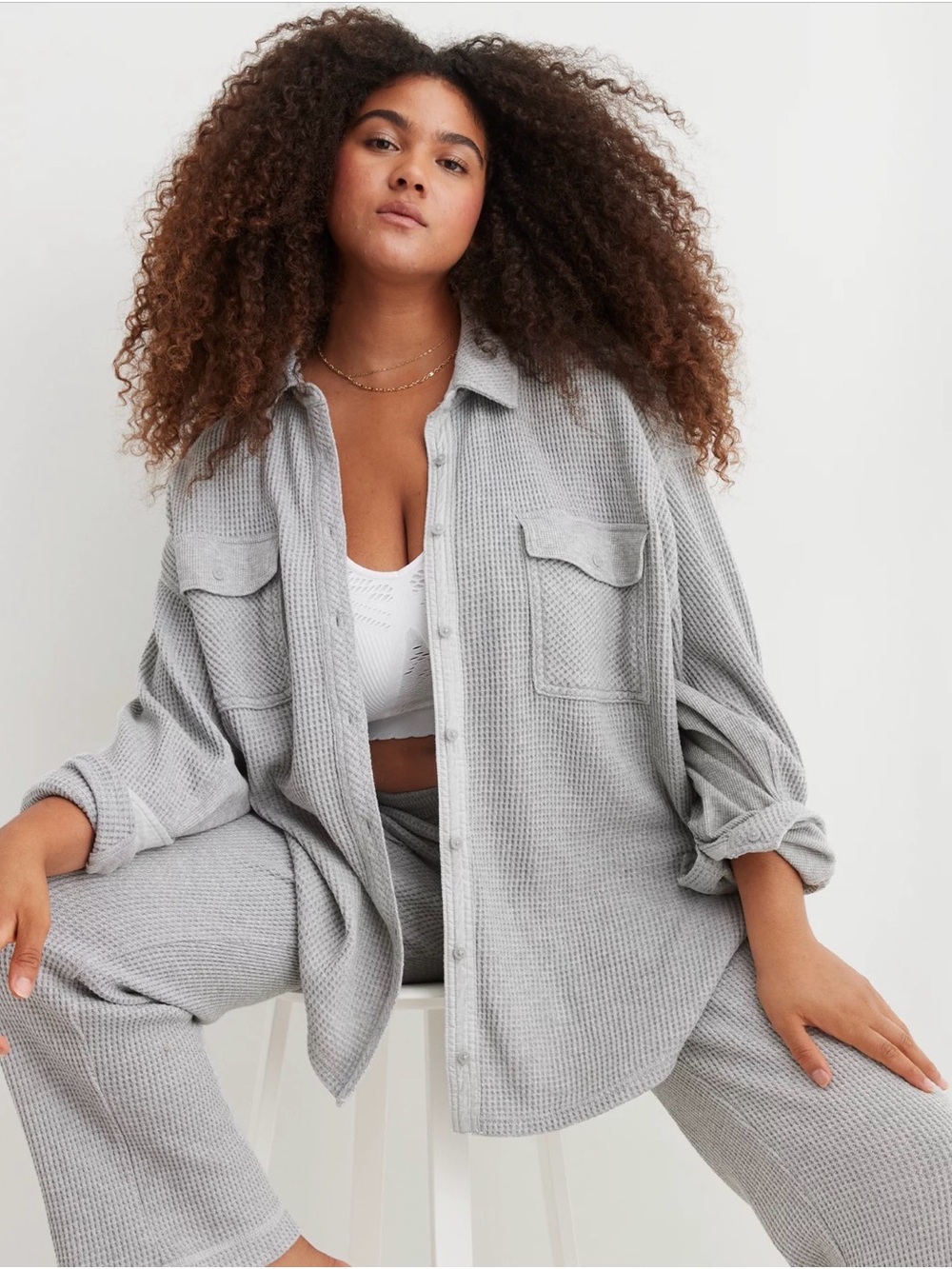 aerie Light Gray Teddy Button-Up Jacket